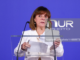 Katerina Sakellaropoulou, President of Greece, speaks at the press conference during the Arraiolos Group meeting at the Wawel Royal Castle i...