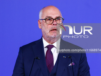 Estonia's President Alar Karis speaks at the press conference during the Arraiolos Group meeting at the Wawel Royal Castle in Krakow, Poland...