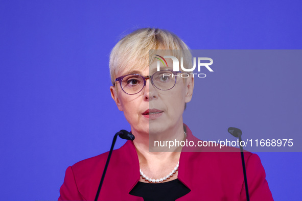 Slovenia's President Natasa Pirc Musar speaks at the press conference during the Arraiolos Group meeting at the Wawel Royal Castle in Krakow...