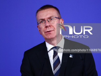 Latvia's President Edgars Rinkevics speaks at the press conference during the Arraiolos Group meeting at the Wawel Royal Castle in Krakow, P...