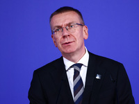 Latvia's President Edgars Rinkevics speaks at the press conference during the Arraiolos Group meeting at the Wawel Royal Castle in Krakow, P...