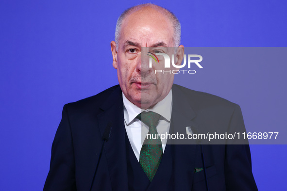 President of Hungary Tamas Sulyok speaks at the press conference during the Arraiolos Group meeting at the Wawel Royal Castle in Krakow, Pol...