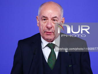 President of Hungary Tamas Sulyok speaks at the press conference during the Arraiolos Group meeting at the Wawel Royal Castle in Krakow, Pol...