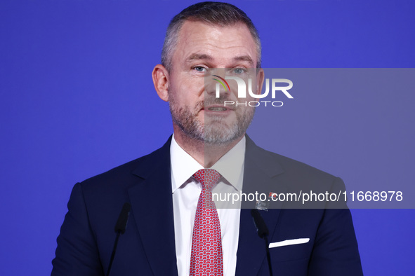 President of Slovakia Peter Pellegrini speaks at the press conference during the Arraiolos Group meeting at the Wawel Royal Castle in Krakow...