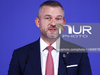 President of Slovakia Peter Pellegrini speaks at the press conference during the Arraiolos Group meeting at the Wawel Royal Castle in Krakow...