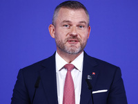 President of Slovakia Peter Pellegrini speaks at the press conference during the Arraiolos Group meeting at the Wawel Royal Castle in Krakow...