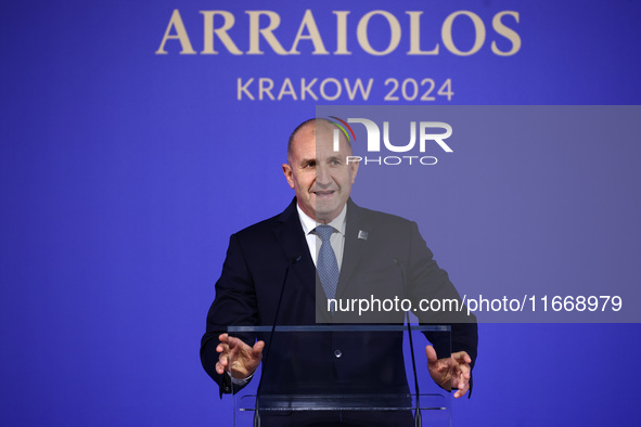 Rumen Radev, President of Bulgaria, speaks at the press conference during the Arraiolos Group meeting at the Wawel Royal Castle in Krakow, P...