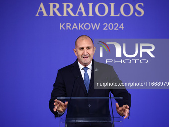 Rumen Radev, President of Bulgaria, speaks at the press conference during the Arraiolos Group meeting at the Wawel Royal Castle in Krakow, P...