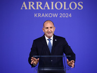 Rumen Radev, President of Bulgaria, speaks at the press conference during the Arraiolos Group meeting at the Wawel Royal Castle in Krakow, P...