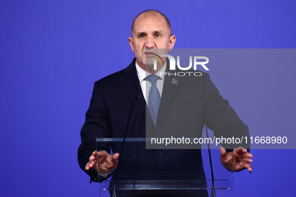 Rumen Radev, President of Bulgaria, speaks at the press conference during the Arraiolos Group meeting at the Wawel Royal Castle in Krakow, P...