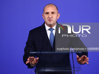 Rumen Radev, President of Bulgaria, speaks at the press conference during the Arraiolos Group meeting at the Wawel Royal Castle in Krakow, P...