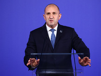 Rumen Radev, President of Bulgaria, speaks at the press conference during the Arraiolos Group meeting at the Wawel Royal Castle in Krakow, P...