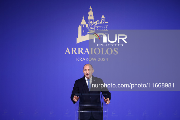 Rumen Radev, President of Bulgaria, speaks at the press conference during the Arraiolos Group meeting at the Wawel Royal Castle in Krakow, P...