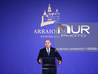 Rumen Radev, President of Bulgaria, speaks at the press conference during the Arraiolos Group meeting at the Wawel Royal Castle in Krakow, P...