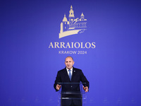 Rumen Radev, President of Bulgaria, speaks at the press conference during the Arraiolos Group meeting at the Wawel Royal Castle in Krakow, P...