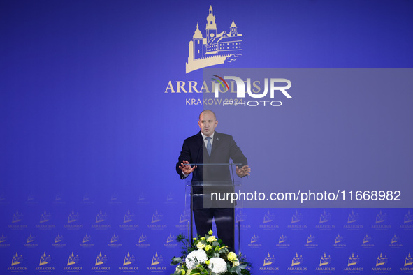 Rumen Radev, President of Bulgaria, speaks at the press conference during the Arraiolos Group meeting at the Wawel Royal Castle in Krakow, P...