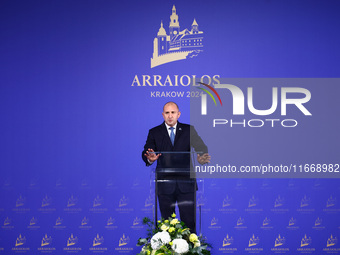 Rumen Radev, President of Bulgaria, speaks at the press conference during the Arraiolos Group meeting at the Wawel Royal Castle in Krakow, P...