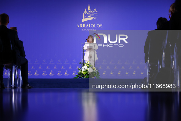 President of Greece Katerina Sakellaropoulou speaks at the press conference during the Arraiolos Group meeting at the Wawel Royal Castle in...