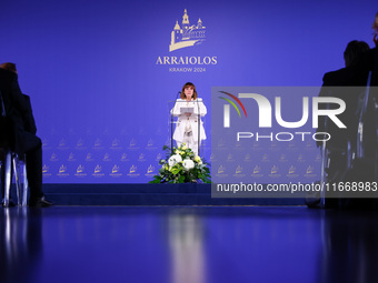 President of Greece Katerina Sakellaropoulou speaks at the press conference during the Arraiolos Group meeting at the Wawel Royal Castle in...