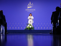 President of Greece Katerina Sakellaropoulou speaks at the press conference during the Arraiolos Group meeting at the Wawel Royal Castle in...