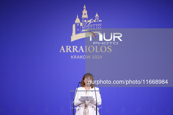 President of Greece Katerina Sakellaropoulou speaks at the press conference during the Arraiolos Group meeting at the Wawel Royal Castle in...