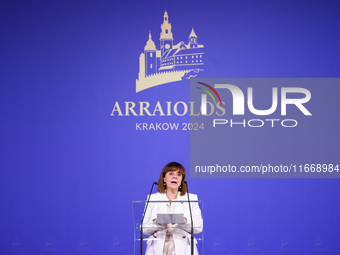 President of Greece Katerina Sakellaropoulou speaks at the press conference during the Arraiolos Group meeting at the Wawel Royal Castle in...