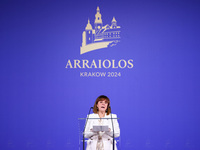 President of Greece Katerina Sakellaropoulou speaks at the press conference during the Arraiolos Group meeting at the Wawel Royal Castle in...