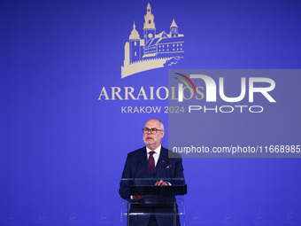 Estonia's President Alar Karis speaks at the press conference during the Arraiolos Group meeting at the Wawel Royal Castle in Krakow, Poland...