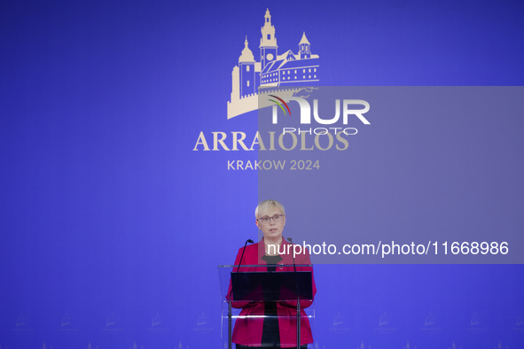 Slovenia's President Natasa Pirc Musar speaks at the press conference during the Arraiolos Group meeting at the Wawel Royal Castle in Krakow...