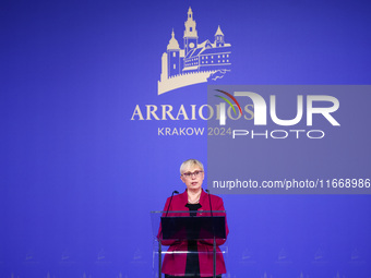 Slovenia's President Natasa Pirc Musar speaks at the press conference during the Arraiolos Group meeting at the Wawel Royal Castle in Krakow...