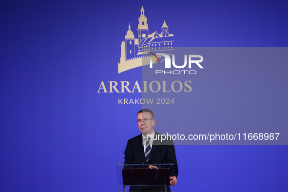 Latvia's President Edgars Rinkevics speaks at the press conference during the Arraiolos Group meeting at the Wawel Royal Castle in Krakow, P...