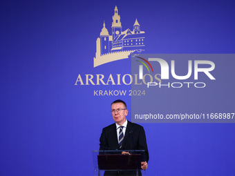 Latvia's President Edgars Rinkevics speaks at the press conference during the Arraiolos Group meeting at the Wawel Royal Castle in Krakow, P...