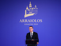 Latvia's President Edgars Rinkevics speaks at the press conference during the Arraiolos Group meeting at the Wawel Royal Castle in Krakow, P...