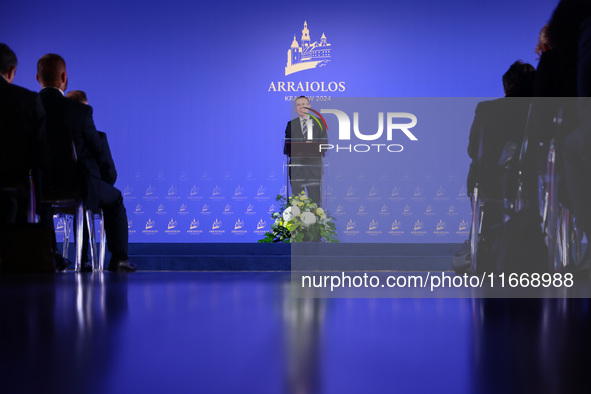 Latvia's President Edgars Rinkevics speaks at the press conference during the Arraiolos Group meeting at the Wawel Royal Castle in Krakow, P...