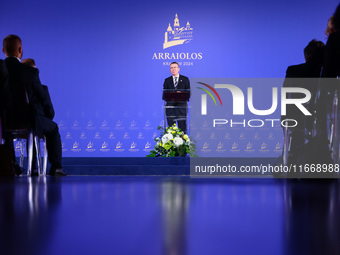 Latvia's President Edgars Rinkevics speaks at the press conference during the Arraiolos Group meeting at the Wawel Royal Castle in Krakow, P...