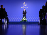 Latvia's President Edgars Rinkevics speaks at the press conference during the Arraiolos Group meeting at the Wawel Royal Castle in Krakow, P...