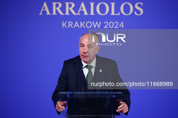 President of Hungary Tamas Sulyok speaks at the press conference during the Arraiolos Group meeting at the Wawel Royal Castle in Krakow, Pol...