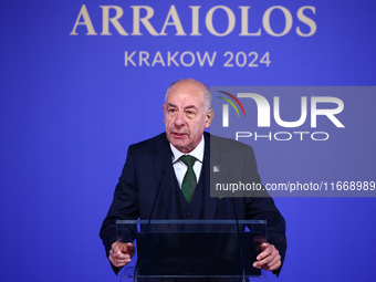 President of Hungary Tamas Sulyok speaks at the press conference during the Arraiolos Group meeting at the Wawel Royal Castle in Krakow, Pol...