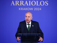 President of Hungary Tamas Sulyok speaks at the press conference during the Arraiolos Group meeting at the Wawel Royal Castle in Krakow, Pol...