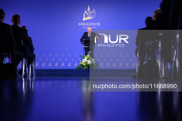 President of Hungary Tamas Sulyok speaks at the press conference during the Arraiolos Group meeting at the Wawel Royal Castle in Krakow, Pol...