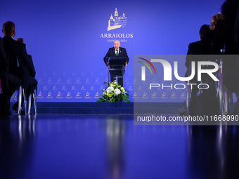 President of Hungary Tamas Sulyok speaks at the press conference during the Arraiolos Group meeting at the Wawel Royal Castle in Krakow, Pol...