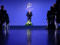 President of Hungary Tamas Sulyok speaks at the press conference during the Arraiolos Group meeting at the Wawel Royal Castle in Krakow, Pol...