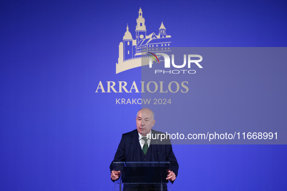 President of Hungary Tamas Sulyok speaks at the press conference during the Arraiolos Group meeting at the Wawel Royal Castle in Krakow, Pol...