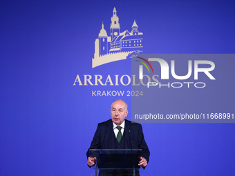 President of Hungary Tamas Sulyok speaks at the press conference during the Arraiolos Group meeting at the Wawel Royal Castle in Krakow, Pol...