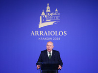 President of Hungary Tamas Sulyok speaks at the press conference during the Arraiolos Group meeting at the Wawel Royal Castle in Krakow, Pol...