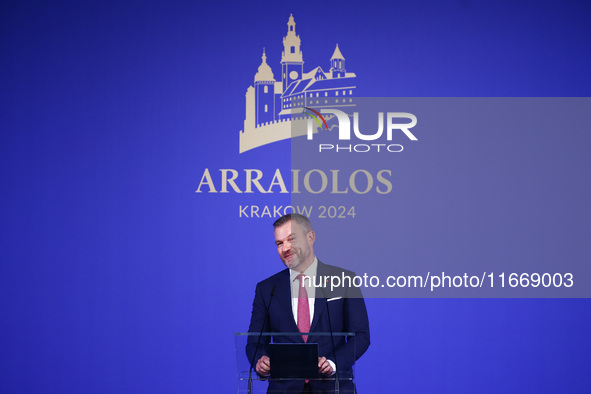 Slovakia's President Peter Pellegrini speaks at the press conference during the Arraiolos Group meeting at the Wawel Royal Castle in Krakow,...