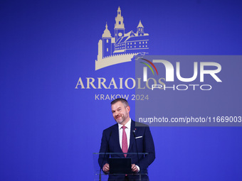 Slovakia's President Peter Pellegrini speaks at the press conference during the Arraiolos Group meeting at the Wawel Royal Castle in Krakow,...