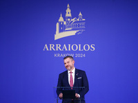 Slovakia's President Peter Pellegrini speaks at the press conference during the Arraiolos Group meeting at the Wawel Royal Castle in Krakow,...