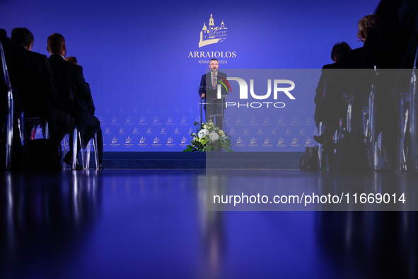 Slovakia's President Peter Pellegrini speaks at the press conference during the Arraiolos Group meeting at the Wawel Royal Castle in Krakow,...