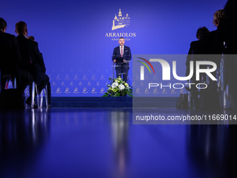 Slovakia's President Peter Pellegrini speaks at the press conference during the Arraiolos Group meeting at the Wawel Royal Castle in Krakow,...